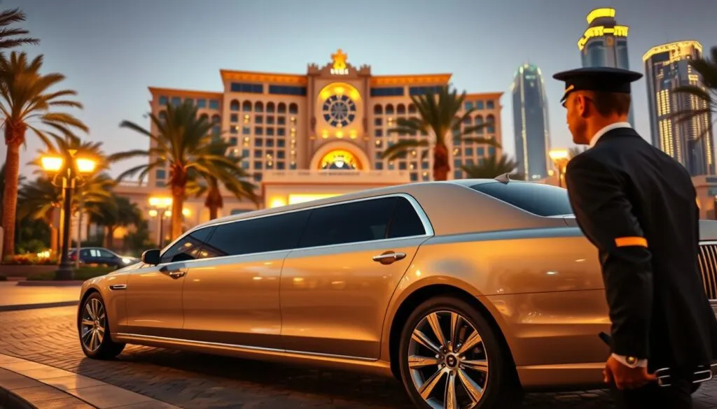 A luxurious hotel transportation scene in Dubai, featuring a sleek, high-end limousine parked elegantly in front of an opulent hotel entrance. In the foreground, a well-dressed chauffeur in a professional uniform is ready to assist guests, exuding sophistication and warmth. The middle ground showcases the hotel's grand architecture, adorned with palm trees and ambient lighting that enhances its opulence. In the background, the glowing skyline of Dubai adds a modern touch under a twilight sky. The scene is illuminated with soft, golden lighting that creates a warm and inviting atmosphere, captured with a shallow depth of field for an intimate focus on the limousine and chauffeur. The overall mood conveys comfort, elegance, and the premium experience of hotel transportation. A luxurious hotel transportation scene in Dubai, featuring a sleek, high-end limousine parked elegantly in front of an opulent hotel entrance. In the foreground, a well-dressed chauffeur in a professional uniform is ready to assist guests, exuding sophistication and warmth. The middle ground showcases the hotel's grand architecture, adorned with palm trees and ambient lighting that enhances its opulence. In the background, the glowing skyline of Dubai adds a modern touch under a twilight sky. The scene is illuminated with soft, golden lighting that creates a warm and inviting atmosphere, captured with a shallow depth of field for an intimate focus on the limousine and chauffeur. The overall mood conveys comfort, elegance, and the premium experience of hotel transportation.