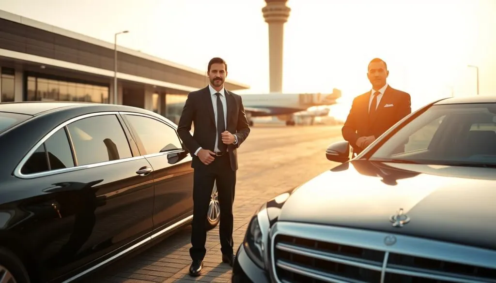 Professional chauffeurs in Dubai, dressed in elegant black suits and crisp white shirts with ties, confidently standing beside luxury sedans at a bustling airport terminal. The scene is framed with smoothly paved airport driveways and modern terminal architecture in the background. Soft golden hour lighting casts a warm glow, enhancing the polished surfaces of the cars and creating a welcoming atmosphere. The chauffeurs exhibit a poised demeanor, showcasing professionalism and reliability. Capture the image from a slight low angle, emphasizing the sophistication of the setting and the chauffeurs. The mood is one of seamless travel and efficiency, inviting viewers to envision a hassle-free journey in Dubai.