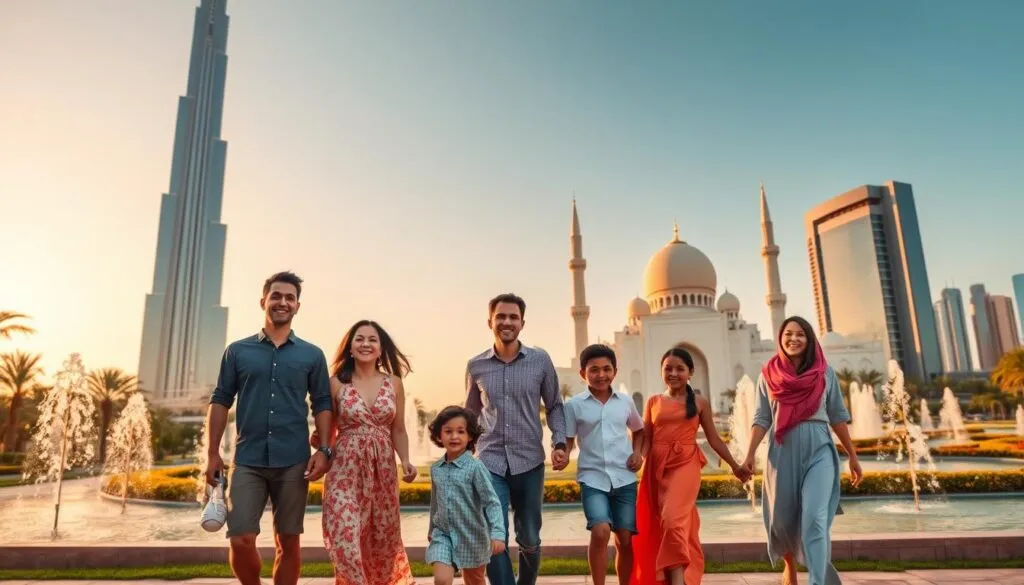A vibrant family scene set in Dubai and Abu Dhabi, showcasing iconic landmarks and attractions. In the foreground, a diverse family of four—parents and two children—are joyfully exploring the area, dressed in modest casual clothing. The middle ground features the stunning Burj Khalifa on one side and the majestic Sheikh Zayed Grand Mosque on the other, both highlighted against a blue sky. Lush greenery and playful fountains surround them, creating a welcoming atmosphere. In the background, the skyline of Dubai contrasts against the warm glow of the sunset, casting a golden hue over the scene. The lighting is soft yet dynamic, evoking a sense of adventure and familial love, captured from a slightly elevated angle to showcase the vibrancy of this family-friendly destination.