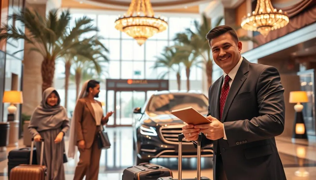 A luxurious hotel lobby in Dubai exuding elegance and sophistication. In the foreground, a well-dressed hotel concierge assists a diverse group of guests arriving with luggage, showcasing the hotel's pick and drop services. The concierge, dressed in a smart uniform, smiles warmly as he hands over a welcome brochure. In the middle, a sleek, modern vehicle awaits at the entrance, gleaming under soft, ambient lighting. The background features a spacious lobby adorned with palm trees, intricate chandeliers, and rich textiles, reflecting Dubai's opulence. The scene is bathed in warm, inviting light, creating a friendly and professional atmosphere that highlights the ease of travel service. Capture this scene from a slightly elevated angle for a comprehensive view. A luxurious hotel lobby in Dubai exuding elegance and sophistication. In the foreground, a well-dressed hotel concierge assists a diverse group of guests arriving with luggage, showcasing the hotel's pick and drop services. The concierge, dressed in a smart uniform, smiles warmly as he hands over a welcome brochure. In the middle, a sleek, modern vehicle awaits at the entrance, gleaming under soft, ambient lighting. The background features a spacious lobby adorned with palm trees, intricate chandeliers, and rich textiles, reflecting Dubai's opulence. The scene is bathed in warm, inviting light, creating a friendly and professional atmosphere that highlights the ease of travel service. Capture this scene from a slightly elevated angle for a comprehensive view.