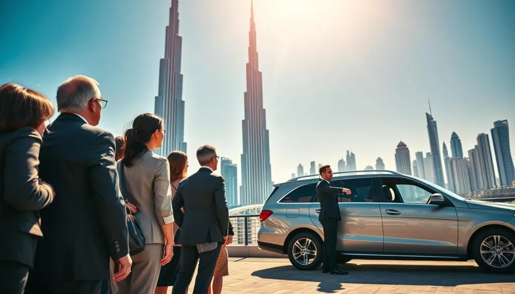 A luxurious private tour of Dubai depicted in a vibrant, engaging scene. In the foreground, a diverse group of travelers, dressed in professional business attire, marvel at the stunning Burj Khalifa towering above them. In the middle ground, a sleek, modern luxury vehicle is parked, with a professional tour guide pointing toward iconic landmarks. The background features a brilliant blue sky and the distinct skyline of Dubai, showcasing a mix of modern skyscrapers and traditional architecture. Bright, warm sunlight bathes the scene, creating a welcoming and adventurous atmosphere. The composition should capture the excitement and exclusivity of a private city tour, with vibrant colors and dynamic angles, inviting the viewer to experience the allure of Dubai. A luxurious private tour of Dubai depicted in a vibrant, engaging scene. In the foreground, a diverse group of travelers, dressed in professional business attire, marvel at the stunning Burj Khalifa towering above them. In the middle ground, a sleek, modern luxury vehicle is parked, with a professional tour guide pointing toward iconic landmarks. The background features a brilliant blue sky and the distinct skyline of Dubai, showcasing a mix of modern skyscrapers and traditional architecture. Bright, warm sunlight bathes the scene, creating a welcoming and adventurous atmosphere. The composition should capture the excitement and exclusivity of a private city tour, with vibrant colors and dynamic angles, inviting the viewer to experience the allure of Dubai.