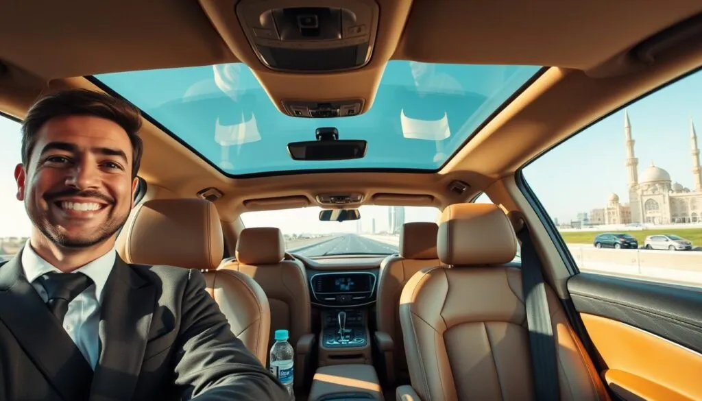 A luxurious private vehicle cruising along a scenic highway from Dubai to Abu Dhabi, showcasing the benefits of comfort and convenience in travel. In the foreground, a confident, professionally dressed driver with a warm smile sits at the wheel, conveying professionalism and reliability. The middle ground features spacious interior shots of the vehicle, highlighting plush leather seats and amenities like bottled water and charging ports. In the background, iconic landmarks of Dubai and Abu Dhabi can be seen, such as the Burj Khalifa and Sheikh Zayed Grand Mosque, under a bright, clear blue sky. Soft, natural lighting floods the interior, creating a cozy and inviting atmosphere. The overall mood is one of ease and sophistication, perfect for those seeking a premium travel experience. A luxurious private vehicle cruising along a scenic highway from Dubai to Abu Dhabi, showcasing the benefits of comfort and convenience in travel. In the foreground, a confident, professionally dressed driver with a warm smile sits at the wheel, conveying professionalism and reliability. The middle ground features spacious interior shots of the vehicle, highlighting plush leather seats and amenities like bottled water and charging ports. In the background, iconic landmarks of Dubai and Abu Dhabi can be seen, such as the Burj Khalifa and Sheikh Zayed Grand Mosque, under a bright, clear blue sky. Soft, natural lighting floods the interior, creating a cozy and inviting atmosphere. The overall mood is one of ease and sophistication, perfect for those seeking a premium travel experience.