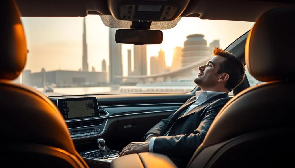 A luxurious, spacious car interior showcasing comfort during travel, with plush leather seats and soft lighting creating a warm ambiance. In the foreground, a neatly organized dashboard with high-end controls and a touch screen displaying a navigation app. The middle ground reveals a relaxed traveler, a person in professional business attire, leaning back with a serene expression while enjoying the scenic Dubai skyline through the large windows. In the background, iconic Dubai landmarks like the Burj Khalifa and contemporary architecture are softly blurred, enhancing the sense of journey. The image is bathed in soft, golden hour lighting, evoking a peaceful, inviting atmosphere that emphasizes the importance of comfort while exploring new destinations. A luxurious, spacious car interior showcasing comfort during travel, with plush leather seats and soft lighting creating a warm ambiance. In the foreground, a neatly organized dashboard with high-end controls and a touch screen displaying a navigation app. The middle ground reveals a relaxed traveler, a person in professional business attire, leaning back with a serene expression while enjoying the scenic Dubai skyline through the large windows. In the background, iconic Dubai landmarks like the Burj Khalifa and contemporary architecture are softly blurred, enhancing the sense of journey. The image is bathed in soft, golden hour lighting, evoking a peaceful, inviting atmosphere that emphasizes the importance of comfort while exploring new destinations.