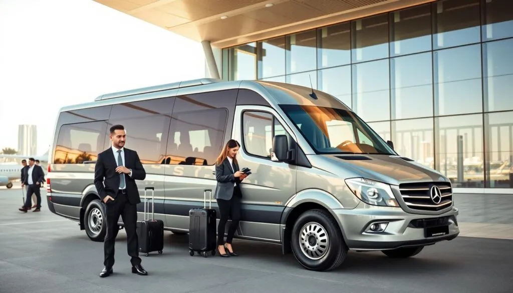 A modern business airport shuttle bus parked in front of a gleaming terminal at a bustling UAE airport, showcasing sleek, professional design. In the foreground, a smartly dressed chauffeur in a tailored suit stands confidently beside the vehicle, ready to assist corporate travelers. The middle ground features a few well-dressed professionals – men in suits and women in business attire – interacting with luggage and discussing plans, exuding a sense of urgency and professionalism. The background reveals an expansive airport terminal with large glass windows, reflecting the vibrant cityscape of Dubai beneath a bright azure sky. Soft, natural lighting highlights the scene, creating a welcoming atmosphere that suggests efficiency and luxury in corporate travel. The composition should have a slightly elevated angle, emphasizing the shuttle's role in airport transfer services.