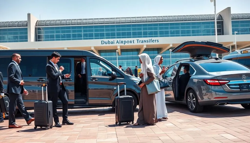A bustling scene showcasing Dubai airport transfers, featuring a modern airport terminal in the background with iconic architecture. In the foreground, a diverse group of travelers in professional business attire and modest casual clothing are interacting with a sleek van and luxury sedan, both stylish and contemporary. One traveler is consulting a smartphone while another is loading luggage into the van. The middle ground includes a clear view of the airport signage and an elegant taxi stand, enhancing the travel ambiance. The lighting is bright and inviting, mimicking the sunny Dubai climate, captured with a wide-angle lens to emphasize the dynamic activity. The mood is vibrant and efficient, reflecting the ease of transportation options available at Dubai Airport. A bustling scene showcasing Dubai airport transfers, featuring a modern airport terminal in the background with iconic architecture. In the foreground, a diverse group of travelers in professional business attire and modest casual clothing are interacting with a sleek van and luxury sedan, both stylish and contemporary. One traveler is consulting a smartphone while another is loading luggage into the van. The middle ground includes a clear view of the airport signage and an elegant taxi stand, enhancing the travel ambiance. The lighting is bright and inviting, mimicking the sunny Dubai climate, captured with a wide-angle lens to emphasize the dynamic activity. The mood is vibrant and efficient, reflecting the ease of transportation options available at Dubai Airport.