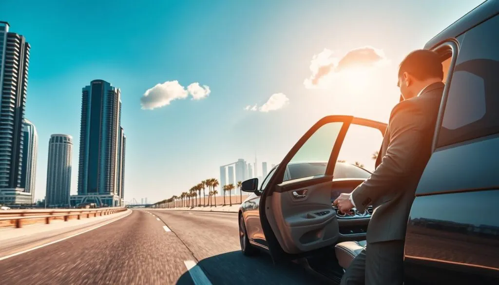 A luxurious chauffeur-driven car gliding smoothly along a scenic highway from Dubai to Sharjah, with modern skyscrapers on one side and the tranquil desert landscape on the other. In the foreground, a well-dressed chauffeur in a tailored suit opens the car door, showcasing an elegant interior with plush leather seats and soft ambient lighting. The middle section features the car on the road under a bright blue sky adorned with a few fluffy clouds, exuding a sense of tranquility and comfort. In the background, the iconic skyline of Sharjah can be seen emerging between palm trees, symbolizing the journey's destination. The atmosphere is serene and sophisticated, captured with a warm, inviting light to highlight the luxury experience.