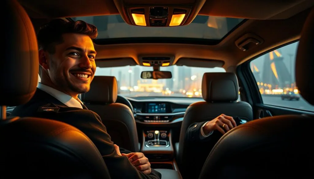 A luxurious interior of a vehicle, showcasing a professional, friendly driver in a neat uniform, seated comfortably at the wheel. In the foreground, focus on the driver’s content expression as they engage with a comfortable passenger in the back seat, who relaxes in plush seating with a welcoming atmosphere. The middle ground features elegant interior details like ambient lighting and high-end materials, suggesting comfort and sophistication. In the background, a picturesque view of a vibrant UAE cityscape can be seen through tinted windows, emphasizing travel and exploration. The lighting is warm and inviting, creating a serene mood, shot at a slight angle to add depth. The scene captures the essence of a Comfort Driver Service, highlighting ease, professionalism, and a stress-free travel experience. A luxurious interior of a vehicle, showcasing a professional, friendly driver in a neat uniform, seated comfortably at the wheel. In the foreground, focus on the driver’s content expression as they engage with a comfortable passenger in the back seat, who relaxes in plush seating with a welcoming atmosphere. The middle ground features elegant interior details like ambient lighting and high-end materials, suggesting comfort and sophistication. In the background, a picturesque view of a vibrant UAE cityscape can be seen through tinted windows, emphasizing travel and exploration. The lighting is warm and inviting, creating a serene mood, shot at a slight angle to add depth. The scene captures the essence of a Comfort Driver Service, highlighting ease, professionalism, and a stress-free travel experience.
