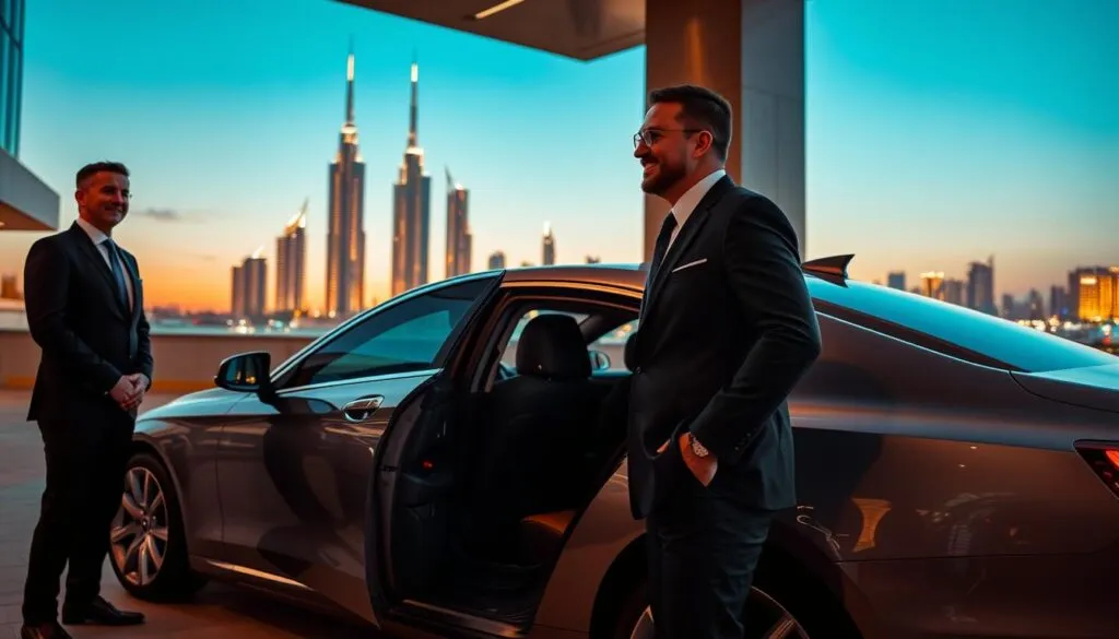 A modern, luxurious car parked outside a high-end hotel in Dubai, showcasing the benefits of a personal chauffeur. In the foreground, a well-dressed chauffeur in a professional suit stands beside the car, holding the door open with a welcoming smile. In the middle ground, a relaxed businessperson in smart casual attire is entering the vehicle, exuding a sense of comfort and convenience. The background features a stunning view of Dubai’s skyline at sunset, with iconic skyscrapers illuminated by the golden glow. The scene is softly lit, capturing a warm and inviting atmosphere. Use a wide-angle lens to emphasize the grandeur of the setting and create an engaging, professional mood.