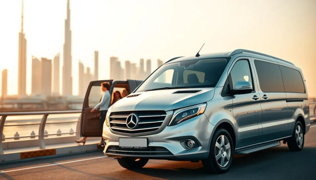 A sleek and modern airport transfer vehicle, prominently displayed in the foreground, with the iconic skyline of Dubai in the background, showcasing famous landmarks like the Burj Khalifa and Dubai Marina. The vehicle is in pristine condition, symbolizing reliability, while a professional driver in business attire stands beside it, exuding confidence and professionalism. In the middle ground, soft-focus images of satisfied passengers board the vehicle, highlighting their comfort and convenience. The overall scene is illuminated by warm, golden hour sunlight, casting a picturesque glow over the setting. The atmosphere is inviting and sophisticated, encapsulating the essence of convenience and luxury in travel with Safe Driver Dubai City. The composition is shot from a slight low angle to emphasize the grandeur of the surroundings.