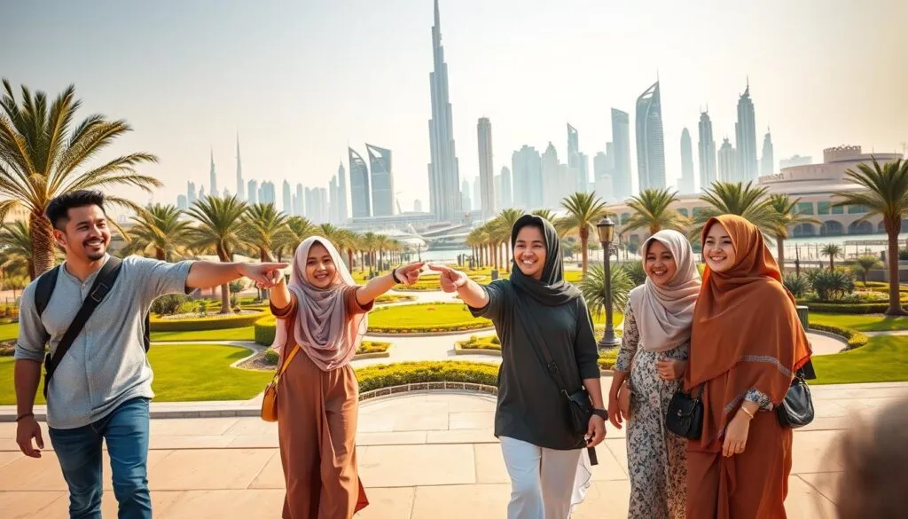 A vibrant family traveling through the UAE, featuring a diverse group, including parents and children, in modest casual clothing. In the foreground, the family is happily exploring a popular attraction like the Burj Khalifa, with children pointing excitedly. The middle ground showcases a beautifully landscaped park with palm trees and pathways, while the background reveals the stunning skyline of Dubai blending into the architecture of Abu Dhabi. The scene is bathed in warm golden sunlight, creating a cheerful and inviting atmosphere. Capture the composition with a wide-angle lens to emphasize the family’s joyful experience against the breathtaking cityscape, evoking a sense of adventure and unity in family travel.