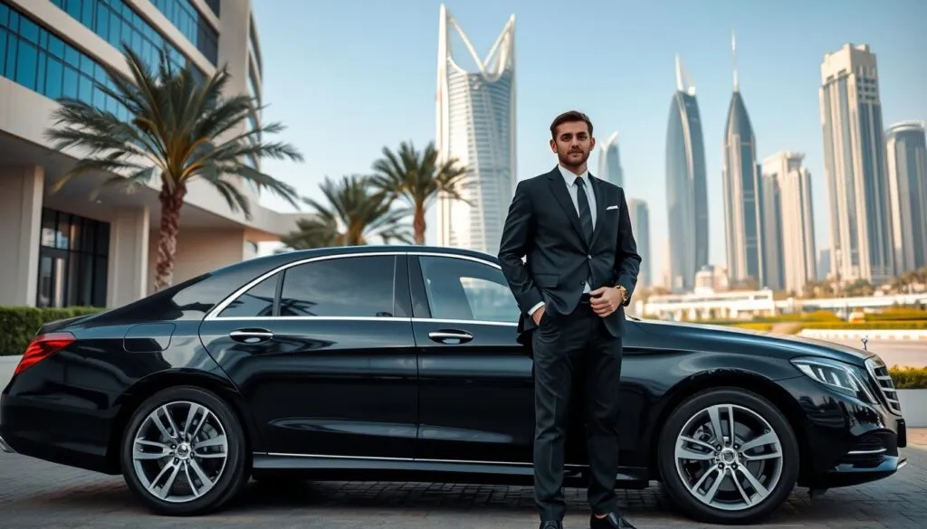 A luxurious black sedan parked in front of a modern, high-end hotel in Abu Dhabi, showcasing the sophisticated and reliable chauffeur service. In the foreground, a professionally dressed chauffeur, wearing a tailored suit and tie, stands confidently beside the car, ready to assist a discerning client. The middle ground features a glimpse of the hotel's sleek architecture with palm trees in well-kept landscaping, emphasizing the comfort and elegance of Abu Dhabi. In the background, the iconic skyline with its futuristic skyscrapers and a clear blue sky conveys a sense of luxury and professionalism. Soft natural lighting highlights the scene, creating an inviting and warm atmosphere, captured from an eye-level angle to convey approachability and trust.