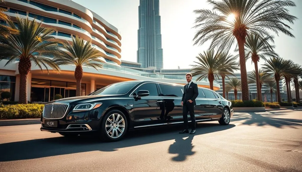 A luxurious, high-end limousine parked in front of a modern, opulent hotel in Dubai, showcasing the unique architecture of the Burj Khalifa in the background. In the foreground, a well-dressed driver in smart business attire stands beside the vehicle, exuding professionalism and elegance. Sunlight bathes the scene, creating a warm and inviting atmosphere that reflects the vibrant essence of Dubai. The angle captures the grandeur of the hotel and the sleek design of the limousine. Soft shadows and highlights enhance the luxurious feel, while palm trees line the street, adding a touch of the local culture. The overall mood is one of sophistication and premium travel experience, perfect for those seeking comfort and style.