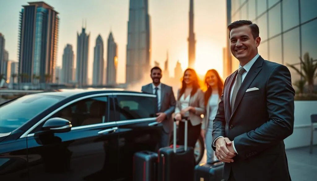 A luxurious Dubai hotel transfer service scene set in a vibrant urban environment. In the foreground, an elegantly dressed professional driver, wearing a tailored suit, stands next to a sleek black luxury sedan with the hotel logo visible on the door. The driver is smiling, ready to assist guests. In the middle ground, a cheerful family with light luggage, dressed in smart-casual clothing, is being greeted warmly by the driver. The background features a stunning view of iconic Dubai skyscrapers, including the Burj Khalifa, bathed in warm golden hour sunlight, creating a welcoming atmosphere. The scene is visually balanced, showcasing a sense of professionalism, warmth, and luxury travel, with soft diffused lighting highlighting the details and elegance of the transfer service. A luxurious Dubai hotel transfer service scene set in a vibrant urban environment. In the foreground, an elegantly dressed professional driver, wearing a tailored suit, stands next to a sleek black luxury sedan with the hotel logo visible on the door. The driver is smiling, ready to assist guests. In the middle ground, a cheerful family with light luggage, dressed in smart-casual clothing, is being greeted warmly by the driver. The background features a stunning view of iconic Dubai skyscrapers, including the Burj Khalifa, bathed in warm golden hour sunlight, creating a welcoming atmosphere. The scene is visually balanced, showcasing a sense of professionalism, warmth, and luxury travel, with soft diffused lighting highlighting the details and elegance of the transfer service.