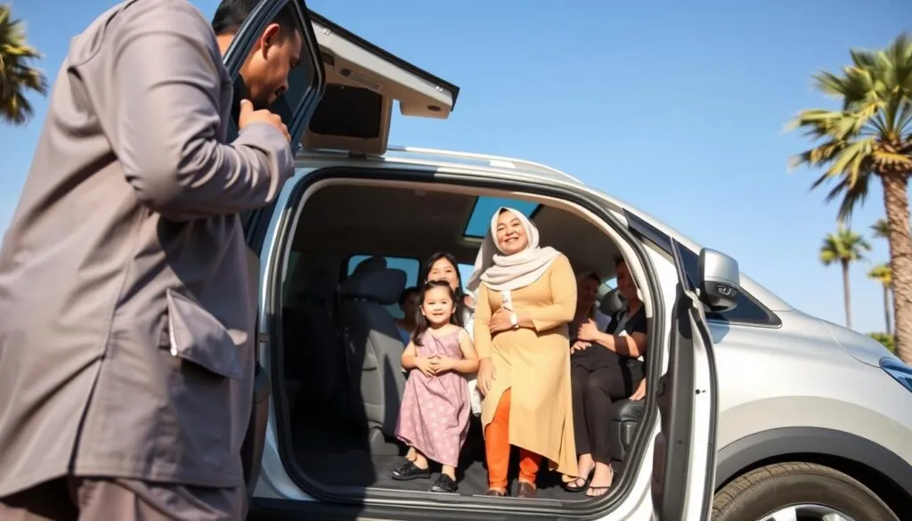A modern family car service scene in a well-lit urban setting in the UAE. In the foreground, a professional driver in modest casual clothing is opening the door of a spacious, clean SUV, showcasing a welcoming interior with child safety seats. In the middle ground, a diverse family, including parents and children dressed in smart-casual attire, is getting ready to enter the vehicle, displaying expressions of comfort and excitement. The background features palm trees and a clear blue sky, capturing the essence of the UAE. The scene conveys a warm, family-friendly atmosphere, emphasizing safety and reliability. Use bright, natural lighting to highlight details, and consider a slightly low angle to enhance the visual appeal.