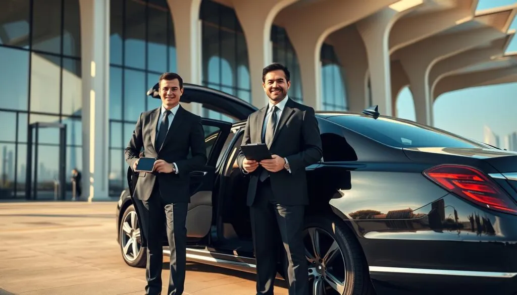 A sophisticated airport chauffeur in a sleek black suit and tie stands confidently beside a luxurious black sedan parked outside a modern Dubai airport terminal. The chauffeur is smiling politely, holding a tablet displaying the passenger's name, and standing next to the open rear door of the vehicle. The background features the striking architecture of the terminal illuminated by warm afternoon sunlight, casting elegant shadows. In the distance, the iconic Burj Khalifa can be seen against a clear blue sky, adding to the luxurious atmosphere. The image captures a sense of elegance and professionalism, emphasizing seamless luxury travel in a bustling city. The composition should be captured with a slightly low angle to enhance the grandeur of the setting, using natural lighting to create an inviting and high-end feel. A sophisticated airport chauffeur in a sleek black suit and tie stands confidently beside a luxurious black sedan parked outside a modern Dubai airport terminal. The chauffeur is smiling politely, holding a tablet displaying the passenger's name, and standing next to the open rear door of the vehicle. The background features the striking architecture of the terminal illuminated by warm afternoon sunlight, casting elegant shadows. In the distance, the iconic Burj Khalifa can be seen against a clear blue sky, adding to the luxurious atmosphere. The image captures a sense of elegance and professionalism, emphasizing seamless luxury travel in a bustling city. The composition should be captured with a slightly low angle to enhance the grandeur of the setting, using natural lighting to create an inviting and high-end feel.