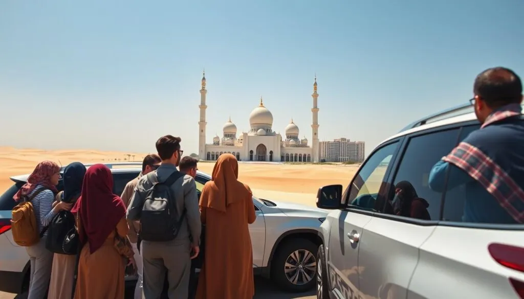 A stunning view capturing the essence of weekend trips from Dubai to Abu Dhabi. In the foreground, a group of diverse travelers in modest casual clothing gather around a stylish SUV. In the middle ground, iconic scenes of Abu Dhabi are visible, such as the Sheikh Zayed Grand Mosque, with its gleaming white domes and intricate details, alongside the luxurious Emirates Palace hotel. The background features a vast desert landscape, with gentle sand dunes under a clear blue sky. Bright sunlight bathes the scene, creating a warm and inviting atmosphere. The camera angle is slightly elevated, showcasing both the travelers and the majestic architecture, while conveying the spirit of adventure and exploration. The image should evoke excitement for weekend getaways.