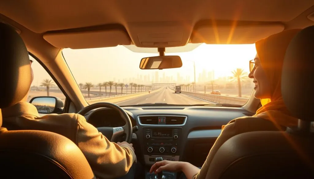 A serene scene depicting a safe driver journeying along the highway between Dubai and Sharjah. In the foreground, a professional male and female driver, both in modest business attire, are seated in a well-maintained car, smiling and focused on the road. In the middle ground, the highway stretches out, lined with palm trees and occasional roadside landmarks, showcasing the beauty of the surrounding desert landscape. The background features an impressive view of Dubai's skyline shimmering in the sunlight, alongside the iconic architecture of Sharjah. The atmosphere is bright and positive, emphasizing safety and responsibility. The image is lit with golden hour sunlight, casting a warm glow and creating a hopeful mood, captured with a slight tilt-angle from above to emphasize the journey's perspective.