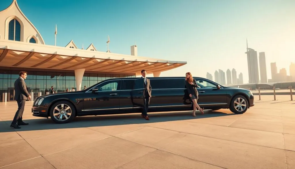 A luxurious airport transfer scene in Dubai, featuring an elegant black limousine parked in front of a modern airport terminal adorned with iconic architectural elements. In the foreground, a professionally dressed chauffeur stands beside the vehicle, ready to assist travelers with their luggage. In the middle ground, a couple in stylish business attire is stepping out of the terminal, looking relaxed and excited. The background showcases the gleaming Dubai skyline under a clear blue sky, with soft golden sunlight illuminating the scene, creating an atmosphere of opulence and sophistication. Use a wide-angle perspective to capture the grandeur of the setting while emphasizing the luxurious details of the limousine and the elegance of the environment.