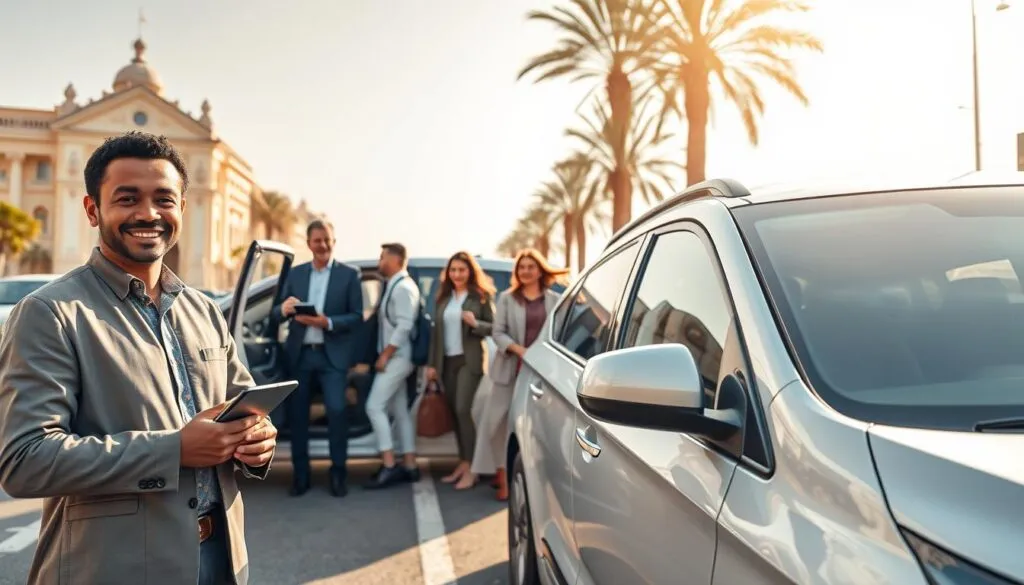 A modern, affordable transportation service scene in Sharjah showcasing a clean, well-maintained vehicle parked on a bustling city street. In the foreground, a friendly driver, dressed in professional attire, stands beside the car, smiling and holding an electronic tablet. In the middle ground, diverse passengers of different ages, dressed in smart casual clothing, are getting in and out of the vehicle, radiating a sense of safety and comfort. The background features iconic Sharjah architecture and palm trees under a bright, sunny sky, with warm lighting that creates an inviting atmosphere. The scene conveys reliability, approachability, and professionalism, emphasizing the importance of affordable transportation services in urban life. The image is candid, shot from a slight low angle to enhance the sense of engagement. A modern, affordable transportation service scene in Sharjah showcasing a clean, well-maintained vehicle parked on a bustling city street. In the foreground, a friendly driver, dressed in professional attire, stands beside the car, smiling and holding an electronic tablet. In the middle ground, diverse passengers of different ages, dressed in smart casual clothing, are getting in and out of the vehicle, radiating a sense of safety and comfort. The background features iconic Sharjah architecture and palm trees under a bright, sunny sky, with warm lighting that creates an inviting atmosphere. The scene conveys reliability, approachability, and professionalism, emphasizing the importance of affordable transportation services in urban life. The image is candid, shot from a slight low angle to enhance the sense of engagement.