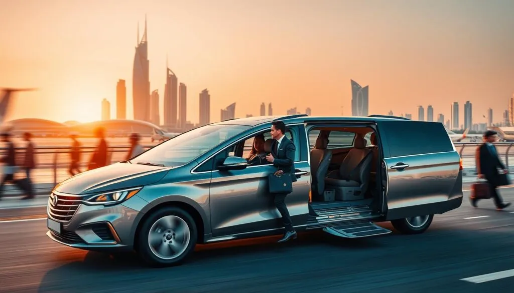 A dynamic corporate transportation scene in Abu Dhabi, featuring a sleek, modern vehicle in the foreground, with business professionals in professional attire entering and exiting. In the middle ground, a bustling airport terminal with travelers carrying briefcases, highlighting the theme of seamless corporate trips. The background showcases iconic Abu Dhabi architecture, such as high-rise buildings and the stunning skyline. The scene is bathed in warm, rich lighting, suggesting a golden hour atmosphere, creating a sense of productivity and movement. Use a slightly elevated angle to capture both the vehicle and the professionals, conveying urgency and efficiency in corporate travel. The mood is vibrant and professional, illustrating the importance of reliable transportation in business.