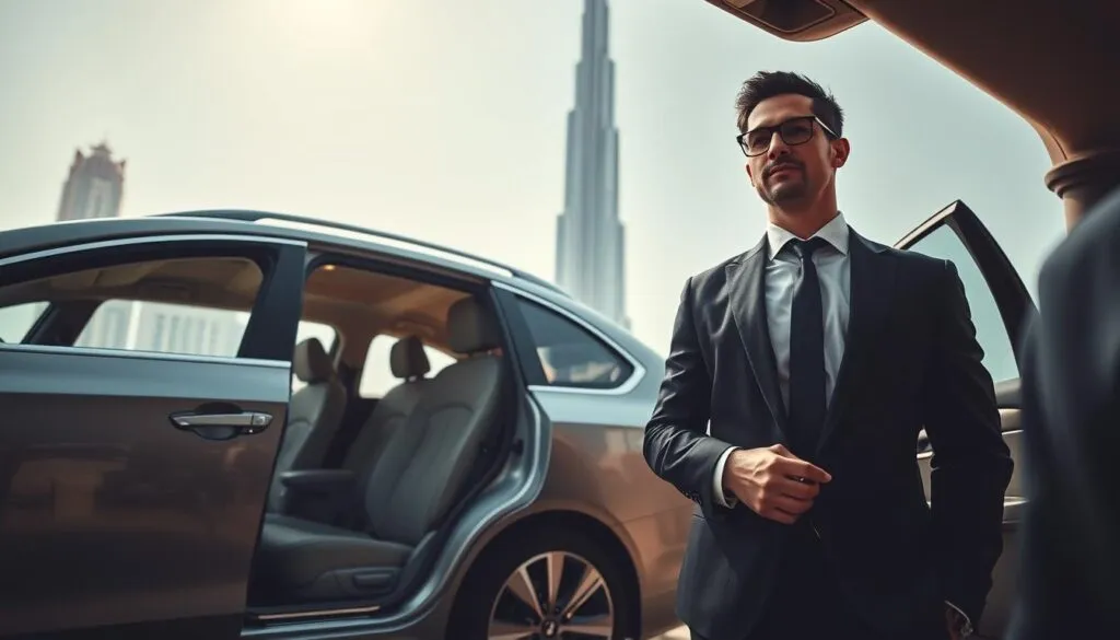 A sophisticated scene depicting a luxurious comfort transportation service in the UAE. In the foreground, a stylish driver in business attire stands beside an elegant, high-end sedan, ready to assist passengers. The middle ground features a sleek vehicle with spacious leather interiors, highlighting comfort and modern amenities. In the background, iconic UAE architecture like the Burj Khalifa is visible under a bright blue sky, symbolizing the city’s vibrancy. Soft, natural lighting accentuates the scene, creating an inviting atmosphere. The angle is slightly low, emphasizing the luxury of the vehicle and the professionalism of the service, suggesting a reliable and comfortable travel experience. The mood is warm and welcoming, perfect for travelers seeking a serene transport option. A sophisticated scene depicting a luxurious comfort transportation service in the UAE. In the foreground, a stylish driver in business attire stands beside an elegant, high-end sedan, ready to assist passengers. The middle ground features a sleek vehicle with spacious leather interiors, highlighting comfort and modern amenities. In the background, iconic UAE architecture like the Burj Khalifa is visible under a bright blue sky, symbolizing the city’s vibrancy. Soft, natural lighting accentuates the scene, creating an inviting atmosphere. The angle is slightly low, emphasizing the luxury of the vehicle and the professionalism of the service, suggesting a reliable and comfortable travel experience. The mood is warm and welcoming, perfect for travelers seeking a serene transport option.