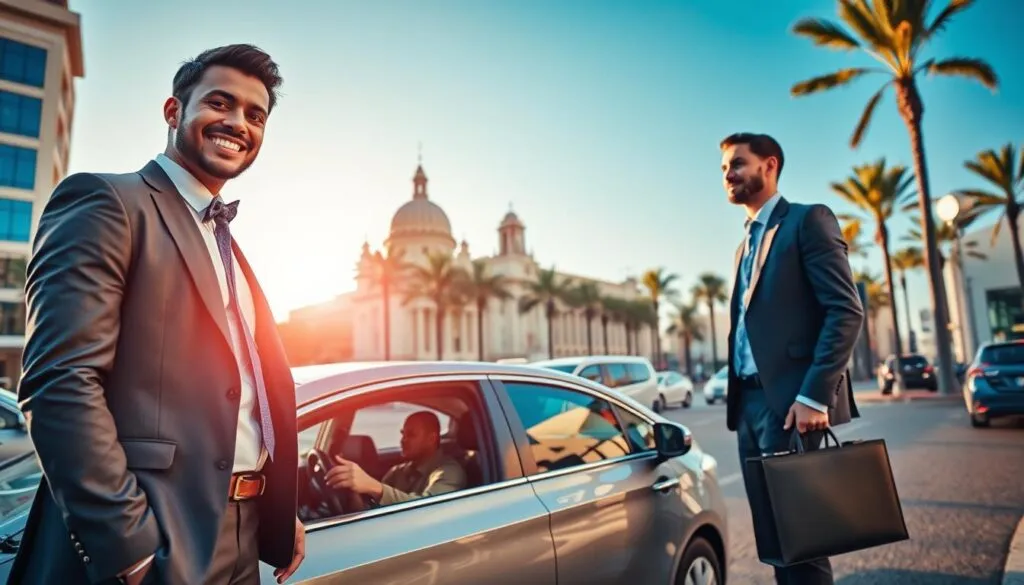 A vibrant scene depicting a modern driver hire service in Sharjah, featuring a well-dressed professional driver, wearing a smart business suit and smiling, standing next to a sleek, clean sedan parked on a bustling urban street. In the foreground, capture the driver engaging with a commuter, who is dressed in casual yet professional attire, holding a briefcase. In the middle ground, showcase a backdrop of iconic Sharjah architecture, reflecting the city's blend of tradition and modernity, with palm trees lining the street under a clear blue sky. The lighting should be warm and inviting, suggesting early morning or late afternoon, highlighting the importance of reliable services for daily commuters. The atmosphere should feel dynamic yet approachable, emphasizing convenience and professionalism. A vibrant scene depicting a modern driver hire service in Sharjah, featuring a well-dressed professional driver, wearing a smart business suit and smiling, standing next to a sleek, clean sedan parked on a bustling urban street. In the foreground, capture the driver engaging with a commuter, who is dressed in casual yet professional attire, holding a briefcase. In the middle ground, showcase a backdrop of iconic Sharjah architecture, reflecting the city's blend of tradition and modernity, with palm trees lining the street under a clear blue sky. The lighting should be warm and inviting, suggesting early morning or late afternoon, highlighting the importance of reliable services for daily commuters. The atmosphere should feel dynamic yet approachable, emphasizing convenience and professionalism.