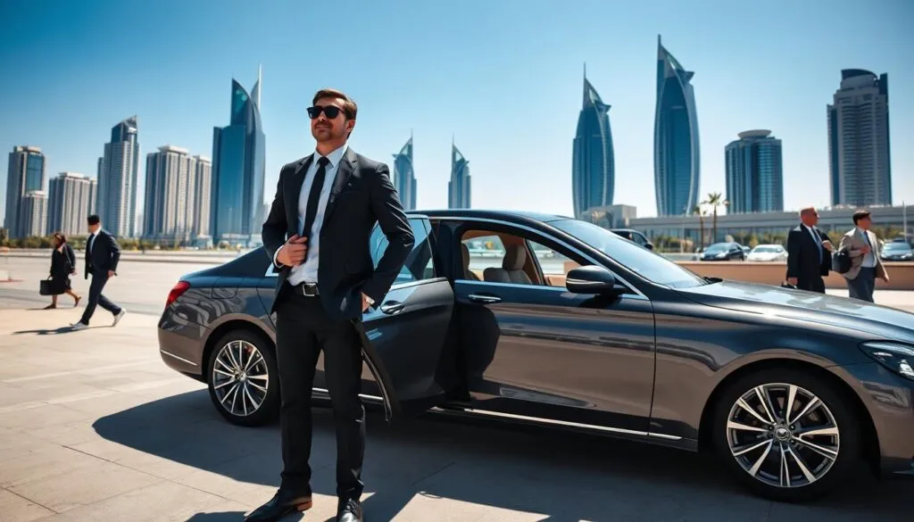 A sleek, modern luxury sedan parked in a bustling Abu Dhabi business district, with a professional chauffeur in a tailored black suit and crisp white shirt standing beside the car, holding a door open. The chauffeur is wearing sunglasses, exuding confidence and professionalism. In the background, iconic Abu Dhabi skyscrapers glisten under the bright sunlight against a clear blue sky. A few business travelers, dressed in smart casual attire, are approaching the car with briefcases in hand, showcasing the seamless nature of corporate travel. Soft shadows cast by the vehicle create a sophisticated atmosphere, while the focus is on the elegance and efficiency of the chauffeur service. The overall mood is polished and inviting, capturing the essence of luxury and professionalism.