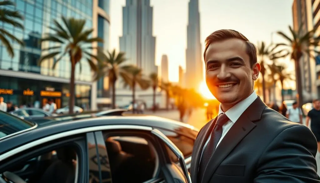 A professional chauffeur dressed in smart business attire, standing beside a sleek, luxurious vehicle in a bustling Dubai street. The foreground features the driver smiling confidently, with an open car door invitingly displaying the plush interior. In the middle ground, the iconic Burj Khalifa and modern skyscrapers reflect the city's vibrant skyline, bathed in soft golden light as the sun begins to set. The background showcases palm trees and bustling pedestrians, creating a lively yet sophisticated atmosphere. The scene is captured from a slightly elevated angle, emphasizing the combination of luxury and professionalism. The warm lighting evokes a sense of reliability and comfort, perfect for a chauffeur service. A professional chauffeur dressed in smart business attire, standing beside a sleek, luxurious vehicle in a bustling Dubai street. The foreground features the driver smiling confidently, with an open car door invitingly displaying the plush interior. In the middle ground, the iconic Burj Khalifa and modern skyscrapers reflect the city's vibrant skyline, bathed in soft golden light as the sun begins to set. The background showcases palm trees and bustling pedestrians, creating a lively yet sophisticated atmosphere. The scene is captured from a slightly elevated angle, emphasizing the combination of luxury and professionalism. The warm lighting evokes a sense of reliability and comfort, perfect for a chauffeur service.