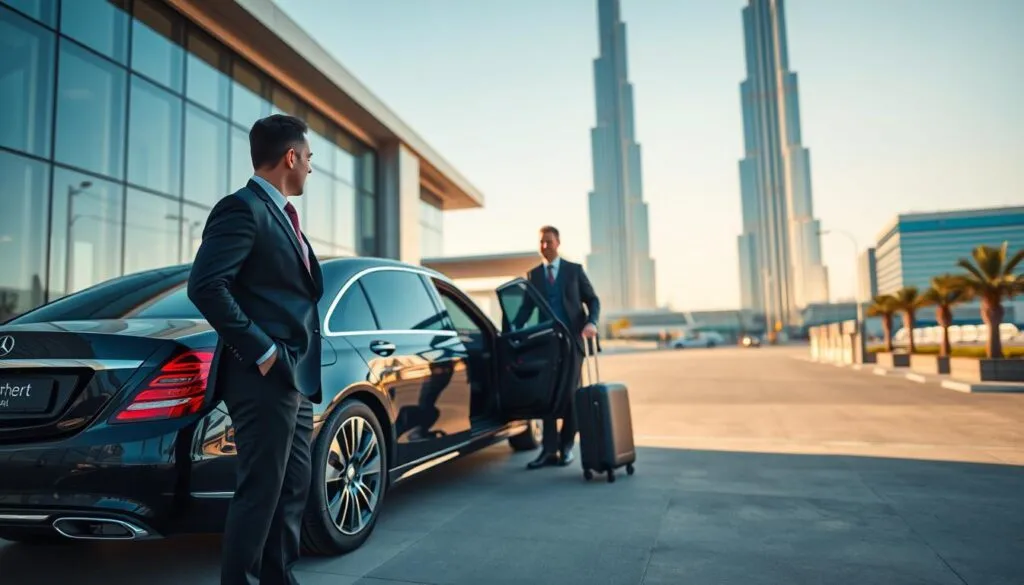 A luxurious airport transfer scene in Dubai, showcasing a sleek, high-end vehicle parked outside a modern terminal. In the foreground, a professional driver in a tailored suit stands next to the car, ready to assist an elegantly dressed passenger with luggage. The middle ground features the entrance of the terminal with its stunning architecture and gleaming glass. In the background, the iconic Burj Khalifa rises majestically against a clear blue sky. Soft, golden hour lighting bathes the scene, creating an inviting and upscale atmosphere. The focus is sharp, highlighting the luxury and seamless travel experience while maintaining a sense of sophistication and professionalism.