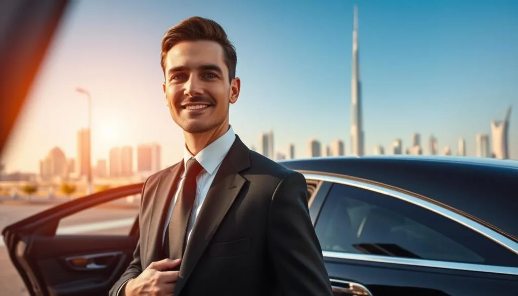 A polished personal driver in Dubai, dressed in a smart black suit and tie, stands beside a luxurious, sleek black sedan with tinted windows, showcasing his professionalism. In the foreground, emphasize the driver’s attentive pose, with a slight smile and open passenger door, inviting a client inside. The middle ground features a well-groomed cityscape of Dubai, with iconic skyscrapers and the Burj Khalifa in the distance under a clear blue sky. The atmosphere is upscale yet approachable, reflecting the high-end service offered. Ensure warm, natural lighting illuminates the scene, casting soft shadows. Use a shallow depth of field to keep the focus on the driver while subtly blurring the city backdrop. The entire composition should exude sophistication and a sense of trust, ideal for highlighting the nuances between personal drivers and chauffeurs.