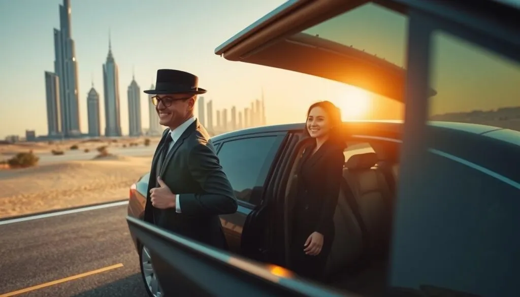 A luxurious scene featuring a chauffeur service in Dubai, focusing on the key benefits of this travel option. In the foreground, a professional chauffeur in a tailored black suit is opening the door of a high-end luxury sedan for a well-dressed couple, exuding elegance and comfort. The middle ground showcases the couple stepping into the car, looking relaxed and content, symbolizing convenience and prestige. In the background, vibrant skyscrapers of Dubai and the serene desert landscape are visible under golden-hour lighting, creating a warm and inviting atmosphere. The lens used is slightly wide-angle to encompass the grandeur of the surroundings. The mood is sophisticated, emphasizing relaxation and luxury in transportation without distractions or clutter.