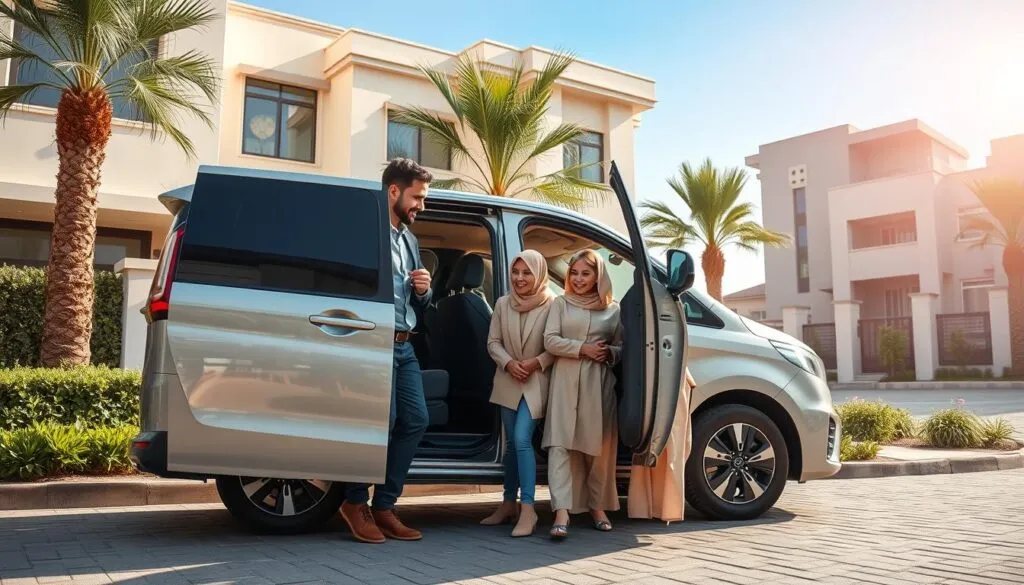 A modern family transportation scene set in the vibrant UAE, featuring a sleek, comfortable vehicle designed for family use parked in a residential area. In the foreground, a diverse family of four—parents dressed in professional business attire and two children in modest casual clothing—happily entering the vehicle. In the middle ground, lush greenery and stylish UAE architecture provide a welcoming backdrop, while in the distance, a blue sky and gentle sunlight create a bright, inviting atmosphere. The composition captures a sense of safety, reliability, and family-friendly service, highlighting the importance of professional transportation. The angle of the shot is slightly elevated to showcase the family's interaction with the vehicle, emphasizing warmth and togetherness. Soft, natural lighting enhances the cheerful mood of the image.
