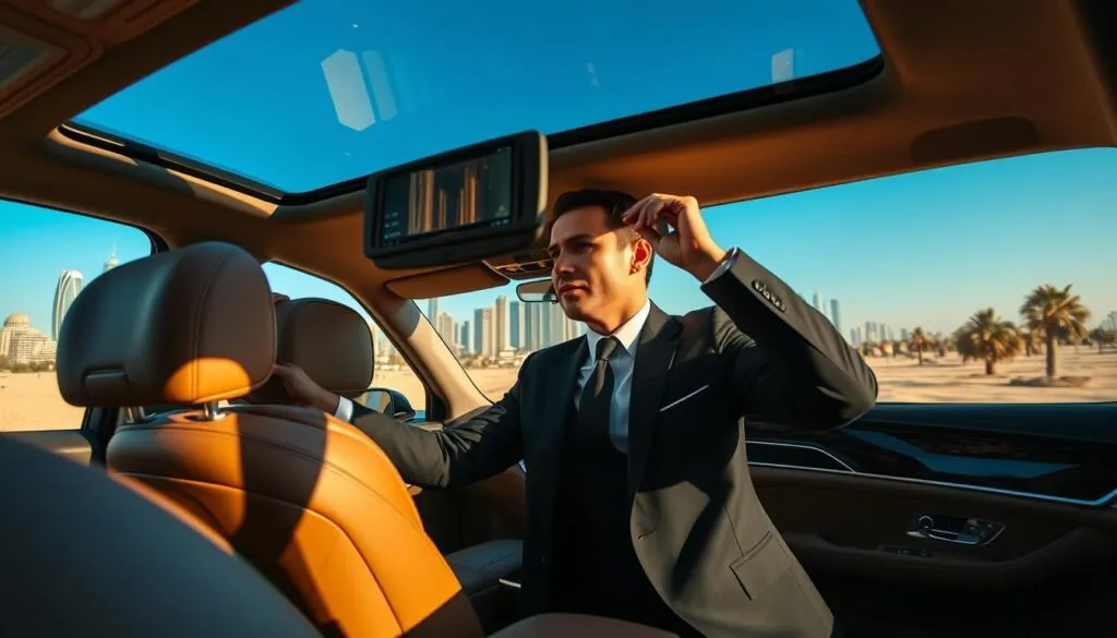 A luxurious interior of a high-end vehicle, showcasing plush leather seating and elegant wood accents, is in the foreground. A professional chauffeur in a tailored black suit and tie is adjusting the rearview mirror, exuding a sense of confidence and professionalism. The middle ground features a scenic view of the UAE skyline with iconic buildings and palm trees, highlighting the beautiful desert landscape. The background showcases a clear blue sky, with the warm sunlight casting soft shadows that add depth. The mood is refined and comfortable, portraying a seamless experience of long-distance travel. The composition should be captured with a wide-angle lens to emphasize the luxury within the vehicle while framing the picturesque UAE backdrop beautifully.