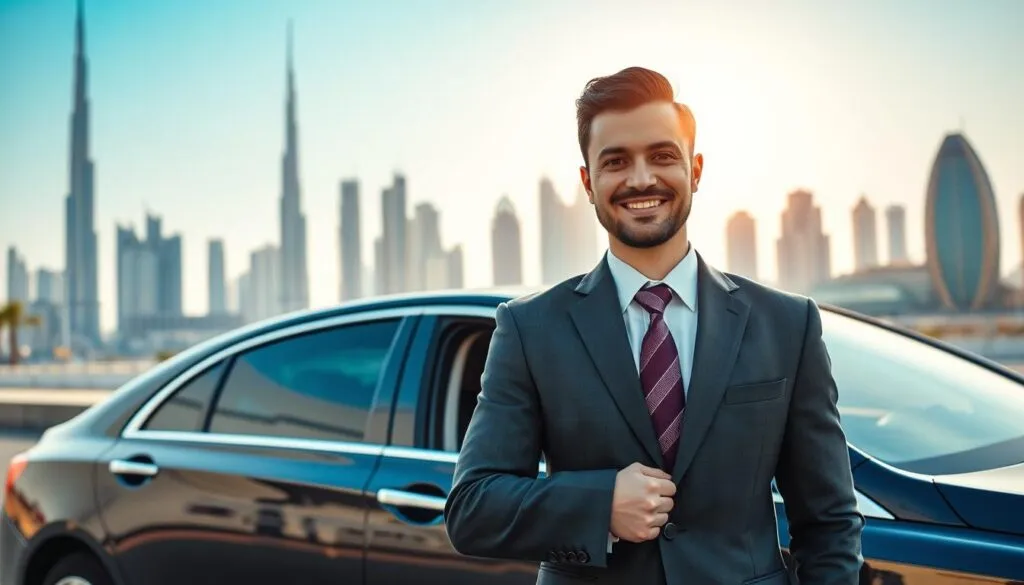 A seamless Dubai to Sharjah driver service scene featuring a professional driver in business attire, standing beside a luxury sedan. The foreground captures the driver with a welcoming smile, ready to assist passengers. In the middle ground, a modern cityscape showcases iconic Dubai architecture, such as the Burj Khalifa and the skyline, blending into Sharjah’s cultural landmarks. The background features a clear blue sky with soft sunlight illuminating the scene, creating a warm, inviting atmosphere. The image is framed with a slight depth of field to draw focus to the driver and vehicle, while capturing the vibrancy of the city. Overall, the mood is professional yet friendly, emphasizing reliability and comfort in transportation.