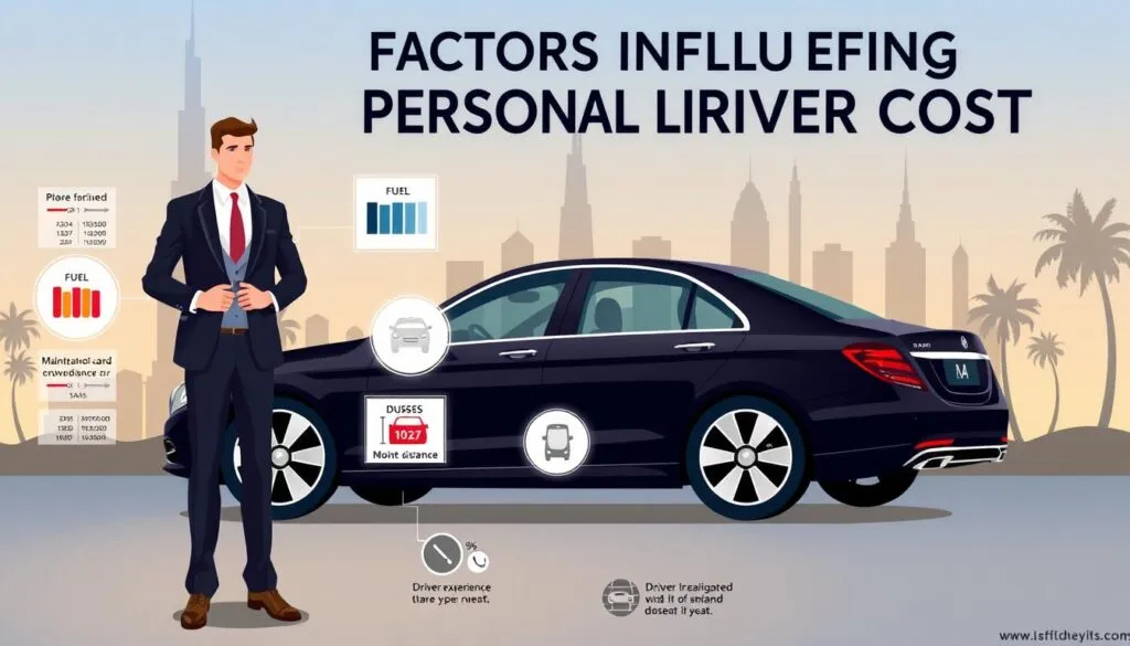 A visually compelling infographic representing the "Factors Influencing Personal Driver Costs" in Dubai. In the foreground, illustrate an elegant personal driver in professional attire, standing beside a luxury car, showcasing elements like pricing charts and icons for fuel, maintenance, distance travelled, and driver experience around him. In the middle ground, include subtle silhouettes of iconic Dubai landmarks like the Burj Khalifa or palm trees to emphasize location. The background should feature a soft gradient simulating a blue sky at sunset, creating a warm and inviting atmosphere. Use soft, ambient lighting to highlight key elements and ensure a clear view of the details without any distractions. Capture this scene with a slightly elevated angle to create depth. A visually compelling infographic representing the