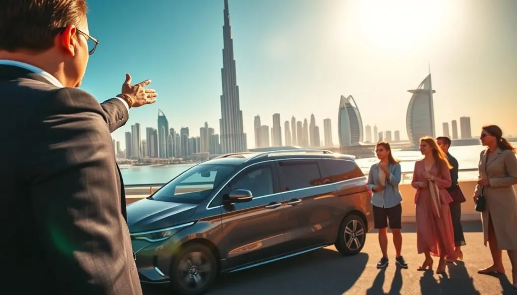 A luxurious and exclusive Dubai city tour experience. In the foreground, a professional tour guide, dressed in smart business attire, gestures towards a stunning view of the iconic Burj Khalifa, captivating a small group of tourists in modest casual clothing. The middle ground showcases a sleek, modern vehicle, customized for comfort, parked under the bright Arabian sun. In the background, a vibrant cityscape of Dubai's modern architecture, including the Burj Al Arab and the Palm Jumeirah, is visible against a clear blue sky. The scene is bathed in warm, golden sunlight, creating an inviting and upscale atmosphere. The angle is slightly elevated, giving a panoramic view of the magnificent city. The mood conveys exclusivity and luxury, ideal for those seeking a personalized experience in Dubai. A luxurious and exclusive Dubai city tour experience. In the foreground, a professional tour guide, dressed in smart business attire, gestures towards a stunning view of the iconic Burj Khalifa, captivating a small group of tourists in modest casual clothing. The middle ground showcases a sleek, modern vehicle, customized for comfort, parked under the bright Arabian sun. In the background, a vibrant cityscape of Dubai's modern architecture, including the Burj Al Arab and the Palm Jumeirah, is visible against a clear blue sky. The scene is bathed in warm, golden sunlight, creating an inviting and upscale atmosphere. The angle is slightly elevated, giving a panoramic view of the magnificent city. The mood conveys exclusivity and luxury, ideal for those seeking a personalized experience in Dubai.