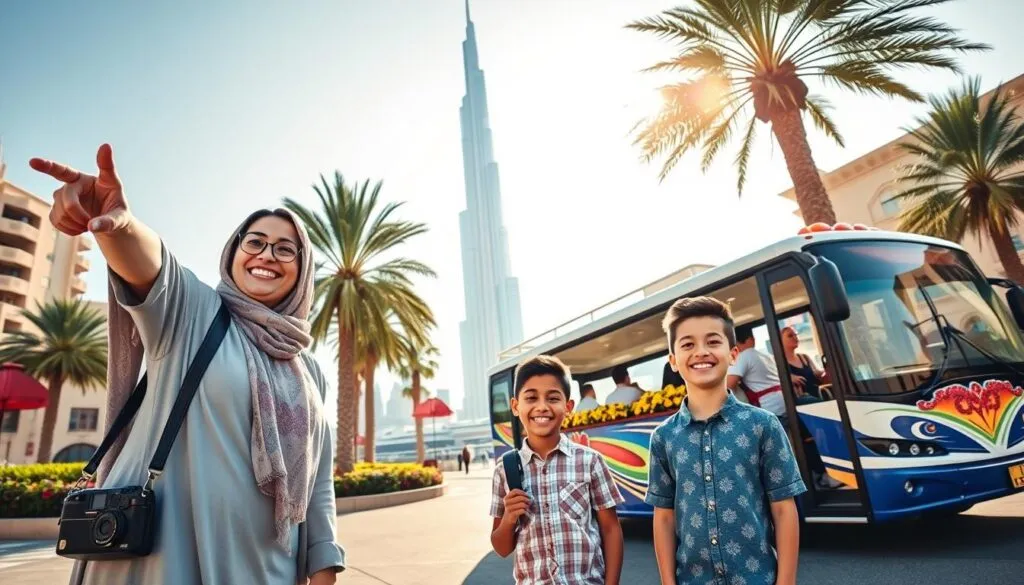 A vibrant family-friendly scene in Dubai showcasing a diverse family of four enjoying a city tour. In the foreground, a smiling mom and dad are pointing excitedly at a famous landmark, dressed in modest casual clothing, while two children, a boy and a girl, happily take pictures with a camera. In the middle ground, a stylish tour bus with an open top passes by, adorned with colorful decorations, surrounded by lush palm trees and picturesque city architecture. The background features the iconic Burj Khalifa reaching into a bright blue sky, with soft, radiant sunlight illuminating the scene. Capture a warm, inviting atmosphere filled with joy, exploration, and cultural richness, using a wide-angle lens to convey the vibrancy of Dubai's family-friendly charm. A vibrant family-friendly scene in Dubai showcasing a diverse family of four enjoying a city tour. In the foreground, a smiling mom and dad are pointing excitedly at a famous landmark, dressed in modest casual clothing, while two children, a boy and a girl, happily take pictures with a camera. In the middle ground, a stylish tour bus with an open top passes by, adorned with colorful decorations, surrounded by lush palm trees and picturesque city architecture. The background features the iconic Burj Khalifa reaching into a bright blue sky, with soft, radiant sunlight illuminating the scene. Capture a warm, inviting atmosphere filled with joy, exploration, and cultural richness, using a wide-angle lens to convey the vibrancy of Dubai's family-friendly charm.