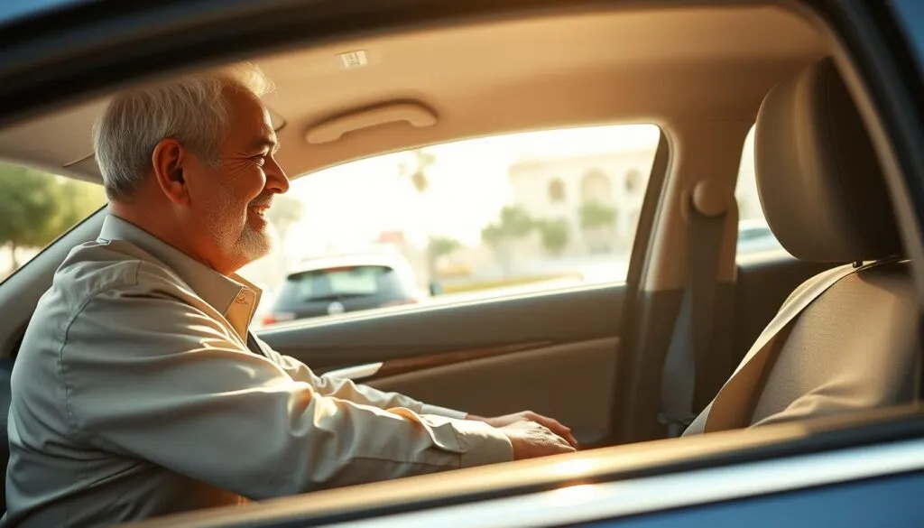 A warm and serene scene depicting the benefits of a Comfort Driver service for senior citizens in the UAE. In the foreground, a middle-aged male Comfort Driver, dressed in professional attire, assists a cheerful elderly woman into a comfortable, spacious car. The driver is smiling, embodying friendliness and reliability. In the middle ground, a well-maintained urban environment reflects a sense of safety and accessibility, with subtle hints of traditional Emirati architecture in the background. Soft, natural lighting filters through, creating a welcoming atmosphere. The angle captures the interaction between driver and passenger, emphasizing trust and care. The mood is uplifting and reassuring, ideal for illustrating the supportive experience of senior citizens utilizing this service.