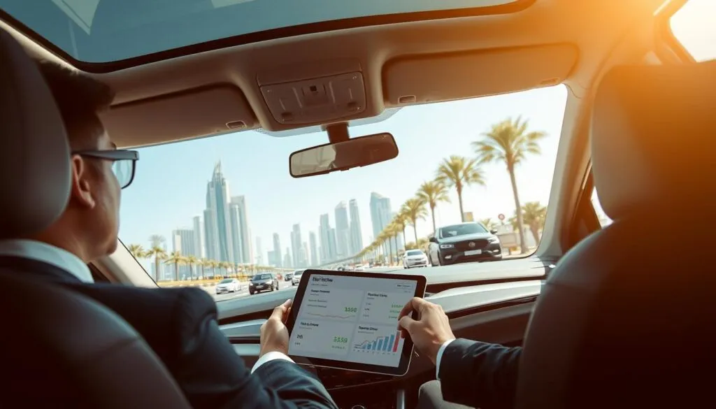 A busy urban scene in Dubai showcasing the concept of safe driving costs. In the foreground, a professional driver in business attire, confidently seated in a modern vehicle, examining a tablet displaying costs and metrics related to safe driving services. The middle ground features a clear view of Dubai's iconic skyline, with tall skyscrapers and palm trees, under a bright blue sky. In the background, a bustling street with other vehicles and pedestrians, emphasizing a sense of activity and safety. The lighting is bright and sunny, creating a warm, inviting mood. The angle is slightly elevated, capturing the dynamics of the scene while focusing on the driver and the high-tech environment, evoking a sense of professionalism and reliability.