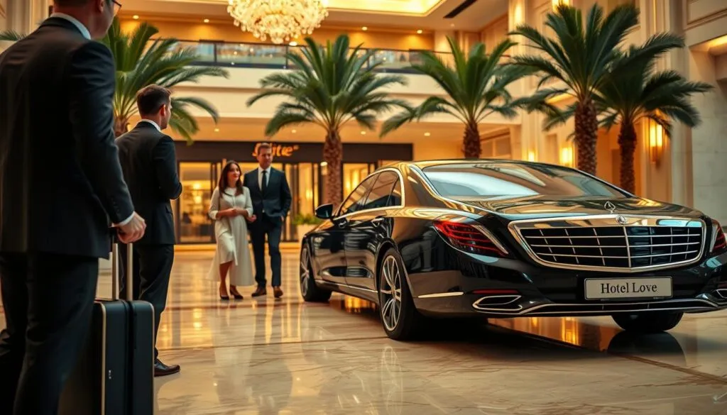 A luxurious hotel lobby scene in the UAE, showcasing a professional hotel pickup service in action. In the foreground, a well-dressed concierge greets a family with professional business attire, ready to assist with their luggage. In the middle, a sleek black luxury car with tinted windows is parked elegantly at the entrance, with the hotel's name subtly displayed. The background features opulent décor typical of high-end UAE hotels, with palm trees and marble floors illuminated by warm, golden lighting. The atmosphere is inviting and sophisticated, conveying a sense of seamless and high-quality service for travelers. The angle is slightly low, emphasizing the grandeur of the hotel and the luxury vehicle. A luxurious hotel lobby scene in the UAE, showcasing a professional hotel pickup service in action. In the foreground, a well-dressed concierge greets a family with professional business attire, ready to assist with their luggage. In the middle, a sleek black luxury car with tinted windows is parked elegantly at the entrance, with the hotel's name subtly displayed. The background features opulent décor typical of high-end UAE hotels, with palm trees and marble floors illuminated by warm, golden lighting. The atmosphere is inviting and sophisticated, conveying a sense of seamless and high-quality service for travelers. The angle is slightly low, emphasizing the grandeur of the hotel and the luxury vehicle.