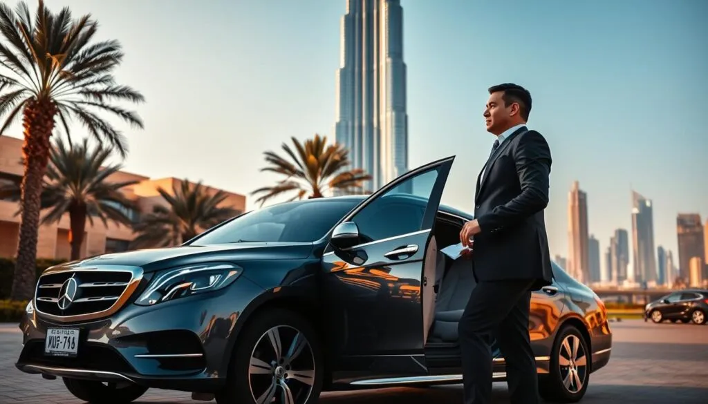 A luxurious scene depicting premium travel in Dubai, showcasing a stylish private vehicle parked in front of the iconic Burj Khalifa. In the foreground, an elegantly dressed driver in professional attire opens the car door, exuding professionalism and hospitality. The middle ground features the stunning architecture of Dubai, with modern skyscrapers and palm trees under a clear blue sky. In the background, a glimpse of the vibrant city skyline enhances the atmosphere of opulence. Warm, soft lighting casts a golden hue, suggesting a late afternoon ambiance. Capture the mood of luxury, exclusivity, and comfort, transporting the viewer into an unforgettable travel experience in Dubai.