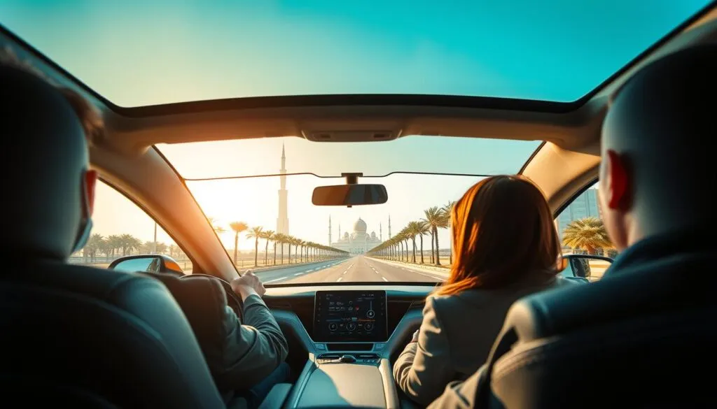 A scenic view capturing the seamless travel experience between Dubai and Abu Dhabi. In the foreground, a sleek, modern vehicle showcases a comfortable interior with professional passengers dressed in business attire, expressing relaxation and connectivity. In the middle ground, a smooth highway lined with palm trees leads toward iconic landmarks like the Burj Khalifa and the Sheikh Zayed Grand Mosque, symbolizing the journey between the two cities. The background features a clear blue sky with soft, natural sunlight enhancing the vibrancy of the scene. Use a wide-angle lens to create depth and an inviting atmosphere, conveying a sense of professionalism and ease in traveling across the UAE.