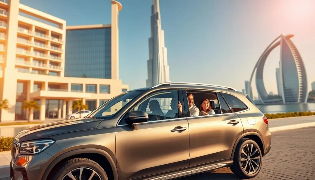 A luxurious scene showcasing a comfortable Dubai sightseeing driver service, set in the foreground with a sleek, high-end SUV parked elegantly near a stunning modern hotel. In the vehicle, a professional driver in smart business attire is seen ready to assist, while a couple of tourists dressed in stylish, modest clothing recline comfortably inside, enjoying refreshments. The middle ground features iconic Dubai landmarks, such as the Burj Khalifa and the Palm Jumeirah, under a clear blue sky. The background is bathed in warm, golden sunlight, creating an inviting atmosphere. Use a shallow depth of field to highlight the driver and the vehicle, capturing the essence of luxury and comfort in a vibrant cityscape.