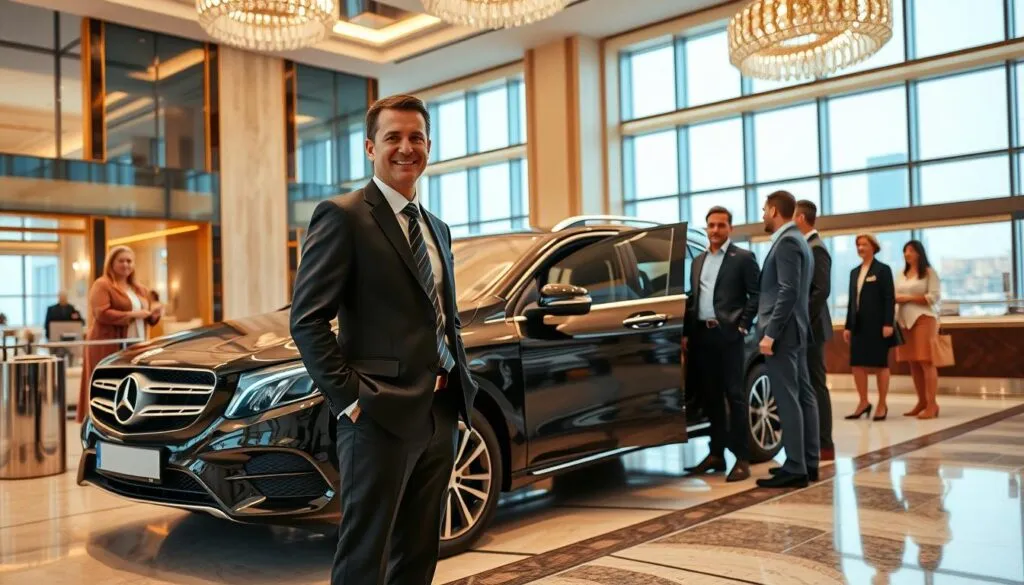 A luxurious hotel lobby in Dubai serves as the background, showcasing elegant architecture with large windows revealing a vibrant cityscape. In the foreground, a professional driver stands in a smart suit beside a shiny, high-end vehicle, smiling and ready to assist hotel guests. A diverse group of travelers, dressed in smart casual attire, interacts with the driver, indicating they are discussing transportation options. Soft, warm lighting enhances the welcoming atmosphere, illuminating the intricate details of the lobby decor. The image captures a sense of reliability and comfort, focusing on the convenience and professionalism of driver services for hotel guests. Use a wide-angle lens to create depth, emphasizing both the driver and the guests while showcasing the luxurious environment of Dubai. A luxurious hotel lobby in Dubai serves as the background, showcasing elegant architecture with large windows revealing a vibrant cityscape. In the foreground, a professional driver stands in a smart suit beside a shiny, high-end vehicle, smiling and ready to assist hotel guests. A diverse group of travelers, dressed in smart casual attire, interacts with the driver, indicating they are discussing transportation options. Soft, warm lighting enhances the welcoming atmosphere, illuminating the intricate details of the lobby decor. The image captures a sense of reliability and comfort, focusing on the convenience and professionalism of driver services for hotel guests. Use a wide-angle lens to create depth, emphasizing both the driver and the guests while showcasing the luxurious environment of Dubai.