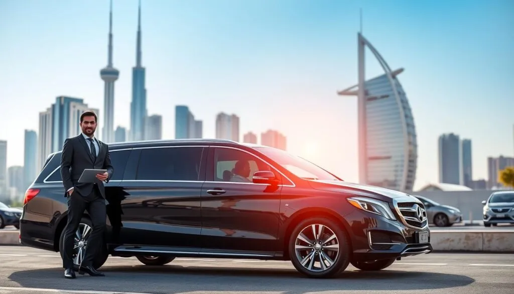 A luxurious private vehicle, such as a sleek black sedan or a high-end SUV, parked against the backdrop of the stunning Dubai skyline, showcasing iconic buildings like the Burj Khalifa and the Burj Al Arab. In the foreground, a professional driver, dressed in business attire, stands beside the vehicle, holding a tablet or a sign with a passenger's name, evoking a sense of comfort and personalized service. In the middle ground, hints of busy city life can be seen with blurred figures of people and vehicles, highlighting the bustling environment. The background offers a clear blue sky, with soft, warm sunlight illuminating the scene, creating an inviting and serene atmosphere as a representation of comfortable travel between Dubai and Sharjah. A luxurious private vehicle, such as a sleek black sedan or a high-end SUV, parked against the backdrop of the stunning Dubai skyline, showcasing iconic buildings like the Burj Khalifa and the Burj Al Arab. In the foreground, a professional driver, dressed in business attire, stands beside the vehicle, holding a tablet or a sign with a passenger's name, evoking a sense of comfort and personalized service. In the middle ground, hints of busy city life can be seen with blurred figures of people and vehicles, highlighting the bustling environment. The background offers a clear blue sky, with soft, warm sunlight illuminating the scene, creating an inviting and serene atmosphere as a representation of comfortable travel between Dubai and Sharjah.