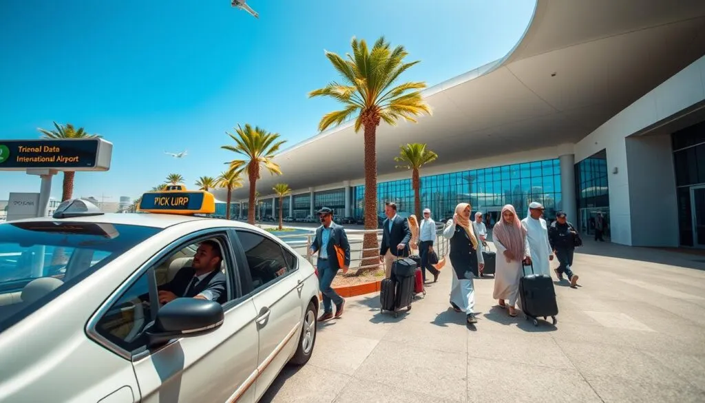 A vibrant scene showcasing the bustling transportation hub of Dubai International Airport. In the foreground, a sleek, modern taxi with a driver in professional attire is waiting near a designated pick-up area. The middle ground features a striking view of the airport terminal, with travelers of diverse backgrounds in business attire and modest casual clothing navigating through the space, carrying luggage. The background reveals iconic Dubai architecture and vibrant palm trees under a clear blue sky. The scene is illuminated with bright, natural sunlight reflecting off polished surfaces, capturing the dynamic atmosphere of international travel. The angle focuses on the interplay of movement and structure, conveying a sense of efficiency and excitement in Dubai's airport transportation system. A vibrant scene showcasing the bustling transportation hub of Dubai International Airport. In the foreground, a sleek, modern taxi with a driver in professional attire is waiting near a designated pick-up area. The middle ground features a striking view of the airport terminal, with travelers of diverse backgrounds in business attire and modest casual clothing navigating through the space, carrying luggage. The background reveals iconic Dubai architecture and vibrant palm trees under a clear blue sky. The scene is illuminated with bright, natural sunlight reflecting off polished surfaces, capturing the dynamic atmosphere of international travel. The angle focuses on the interplay of movement and structure, conveying a sense of efficiency and excitement in Dubai's airport transportation system.