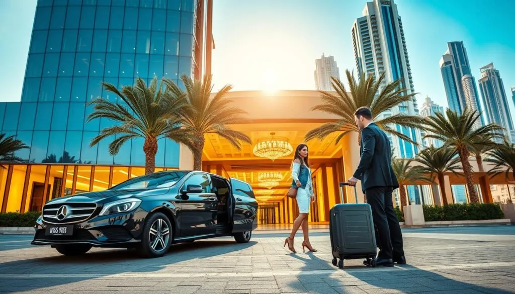 A modern hotel transfer service in Dubai, featuring a sleek black luxury vehicle parked outside a luxurious hotel with glass architecture. In the foreground, a professional driver in business attire is actively assisting a couple dressed in smart casual clothing as they unload their luggage. The middle ground showcases the hotel's opulent entrance, adorned with palm trees and sophisticated lighting, reflecting the vibrant energy of Dubai. The background includes a stunning skyline with iconic skyscrapers under a bright blue sky. The scene is bathed in warm, golden sunlight, creating an inviting and luxurious atmosphere. A wide-angle perspective captures the entirety of the setting, emphasizing the grandeur of a seamless travel experience in this bustling city. A modern hotel transfer service in Dubai, featuring a sleek black luxury vehicle parked outside a luxurious hotel with glass architecture. In the foreground, a professional driver in business attire is actively assisting a couple dressed in smart casual clothing as they unload their luggage. The middle ground showcases the hotel's opulent entrance, adorned with palm trees and sophisticated lighting, reflecting the vibrant energy of Dubai. The background includes a stunning skyline with iconic skyscrapers under a bright blue sky. The scene is bathed in warm, golden sunlight, creating an inviting and luxurious atmosphere. A wide-angle perspective captures the entirety of the setting, emphasizing the grandeur of a seamless travel experience in this bustling city.