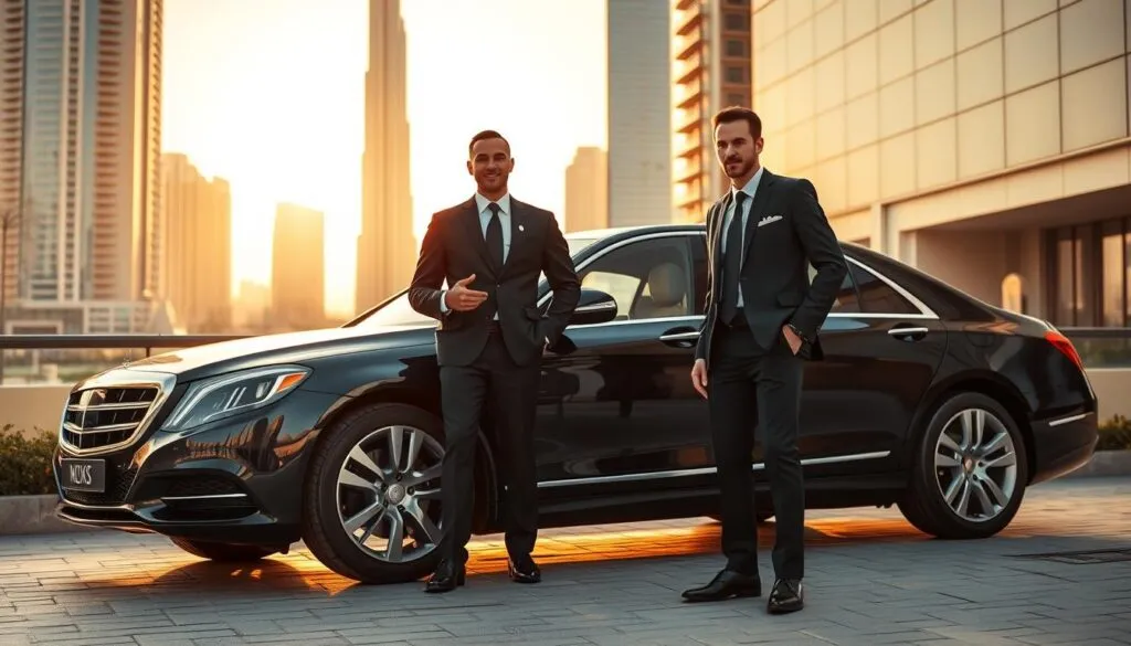 A sophisticated executive chauffeur in a sleek black luxury sedan, parked elegantly in front of a high-end hotel in Dubai. The chauffeur, dressed in a sharp, tailored black suit and tie, stands confidently beside the car, exhibiting professionalism and readiness. In the background, the stunning Dubai skyline with iconic skyscrapers like the Burj Khalifa glimmers under a golden sunset, casting a warm glow over the scene. The atmosphere conveys a sense of luxury and convenience, with soft focus on the vibrant city life around. The scene is captured from a low angle to emphasize the stature of the chauffeur and the grandeur of the surroundings, with natural lighting enhancing the rich tones of the scene, creating a perfect blend of elegance and comfort.