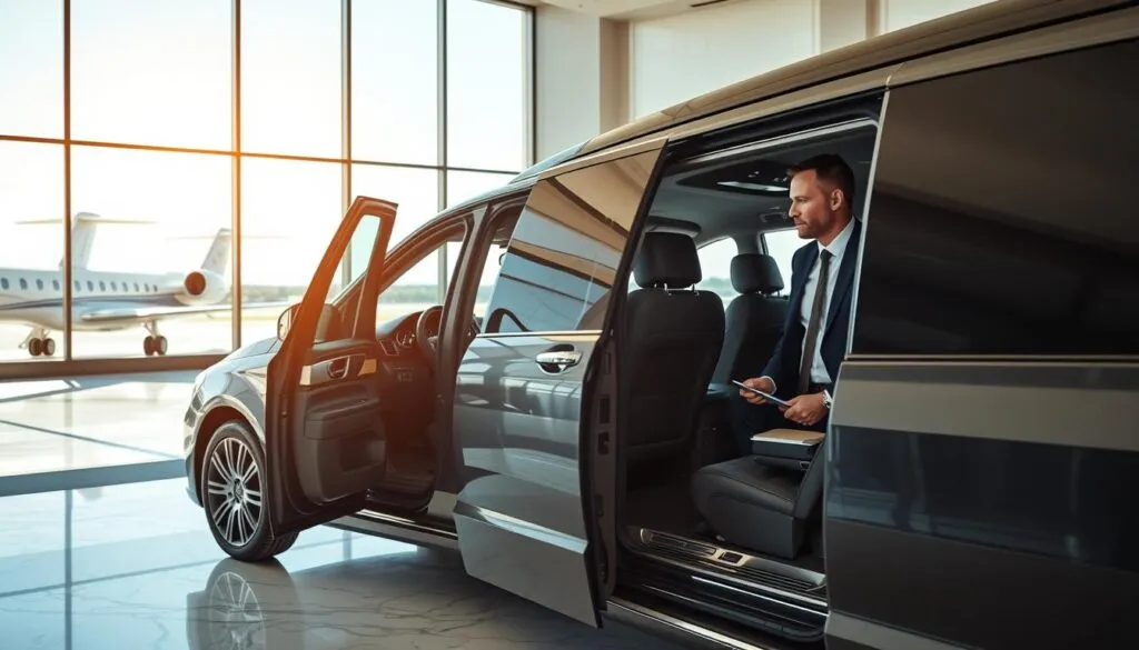 A sleek, modern executive vehicle parked at a private airport terminal, with a well-dressed chauffeur opening the door, inviting a professional in business attire to step inside. In the foreground, showcase the luxurious vehicle interior, emphasizing plush seating and high-end finishes. The middle ground features the spacious terminal with elegant design, featuring elements like marble flooring and large windows showcasing a clear blue sky. In the background, capture private jets on the tarmac, hinting at premium travel options. Soft natural lighting streams in from the windows, creating a welcoming atmosphere. The overall mood is sophisticated and professional, conveying comfort, efficiency, and exclusivity associated with executive airport transportation.