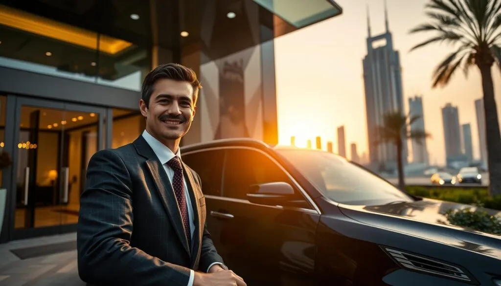 A professional driver in a sleek, black luxury sedan waits outside a modern business hotel, ready to assist arriving guests. In the foreground, the driver is dressed in a smart suit and tie, exuding professionalism and warmth. The middle ground showcases the hotel entrance, featuring elegant architecture with glass doors and a chic lobby visible. In the background, the Dubai skyline glistens under a warm, golden sunset, providing a sense of place and prestige. Soft, ambient lighting enhances the welcoming atmosphere, while the angle captures the dynamic relationship between the hotel, the driver, and the incoming travelers. The image conveys a sense of seamless travel and convenience essential for business professionals.